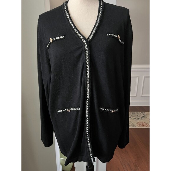 Adrianna Papell Black Cardigan Sweater w/Gold & White Trim Gold Buttons Sz XL - Picture 1 of 8